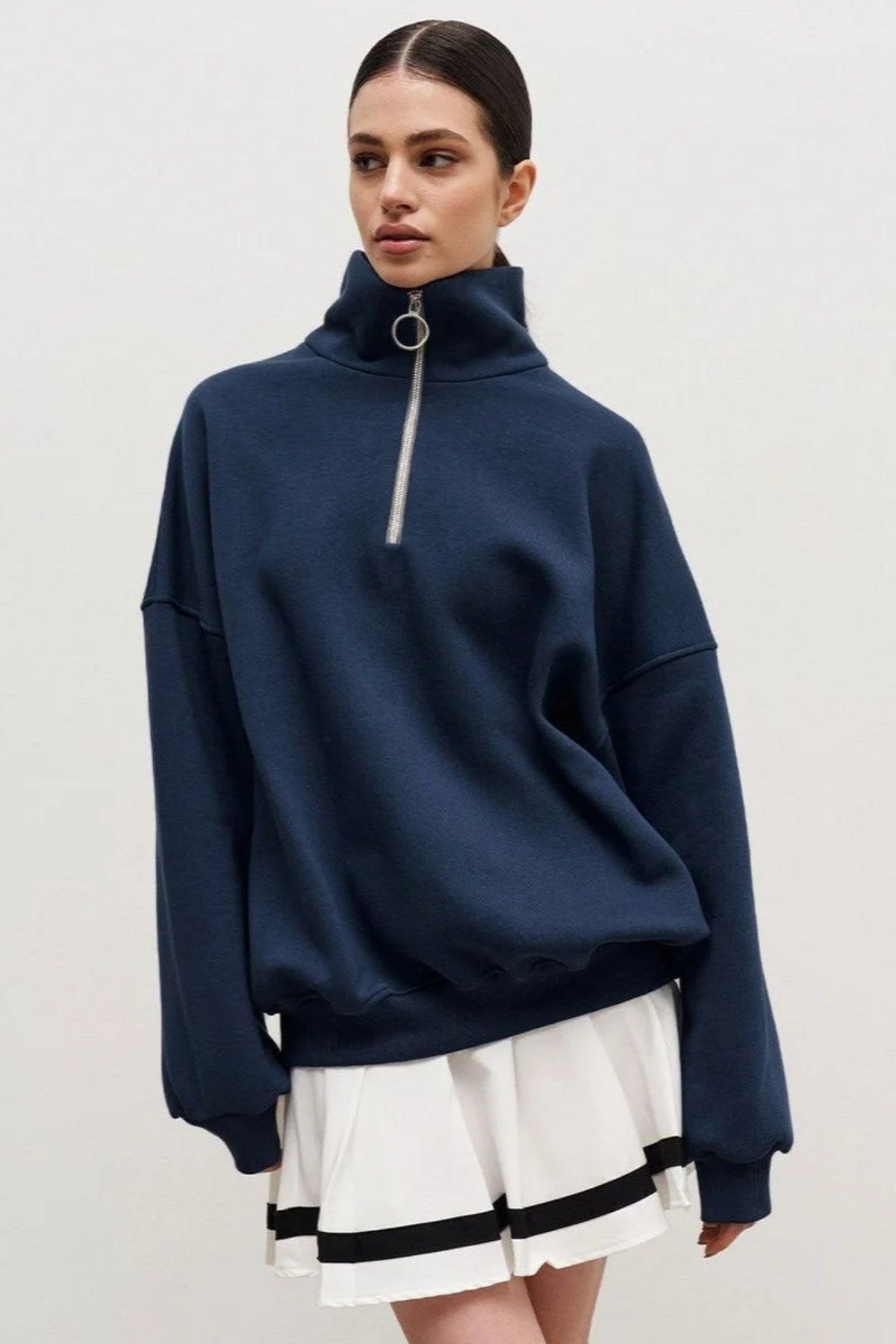 Kadın Gri Yarım Fermuarlı Ceket Sweatshirt 3 İplik Şardonlu Oversize Kesim