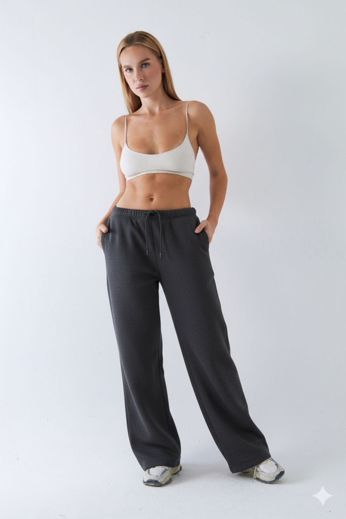 Oversize Unisex Eşofman Altı Füme Melanj – 3 İplik Şardonlu, Bol Paça, Cepli, Modern Rahat Kesim