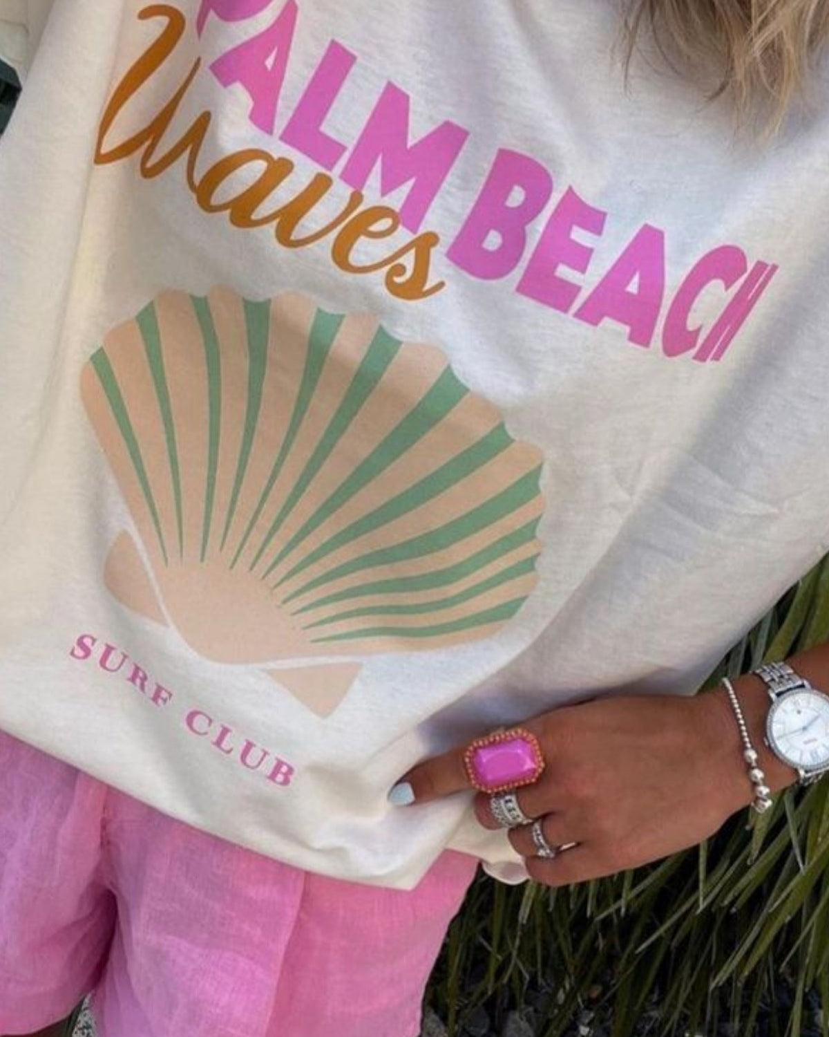 Kadın Palm Beach Baskılı Renkli Oversize Yazlık Tişört