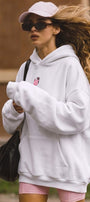 Kadın Oversize Hoodie Pink Kitty Club Baskılı Beyaz - Kapüşonlu, Cepli, 3 İplik Polar