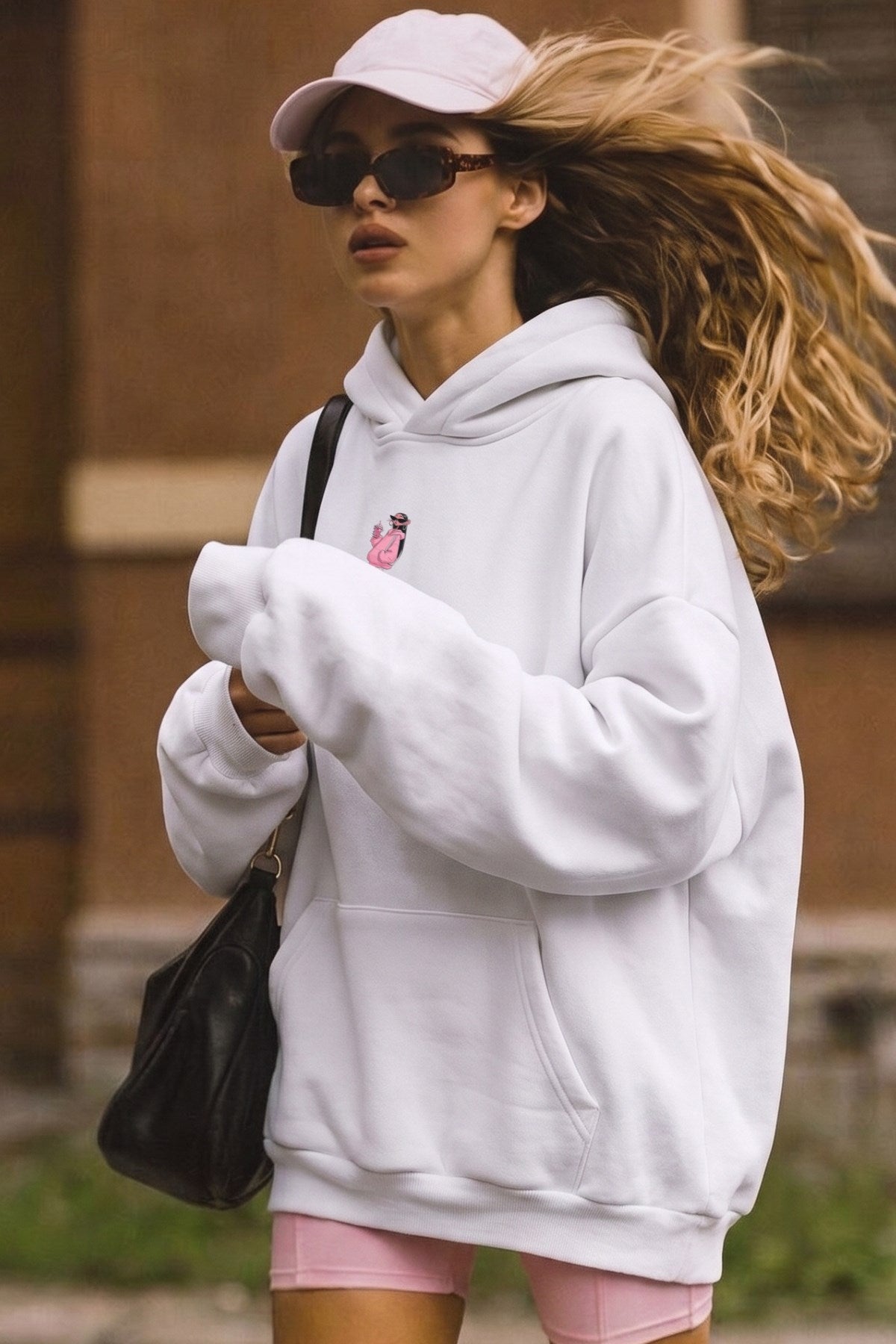 Kadın Oversize Hoodie Pink Kitty Club Baskılı Beyaz - Kapüşonlu, Cepli, 3 İplik Polar