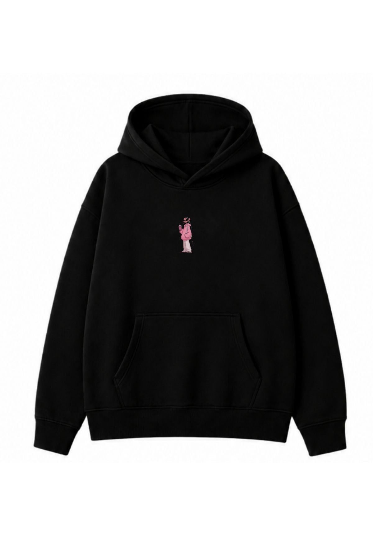 Kadın Oversize Hoodie Pink Kitty Club Baskılı Siyah - Kapüşonlu, Cepli, 3 İplik Polar