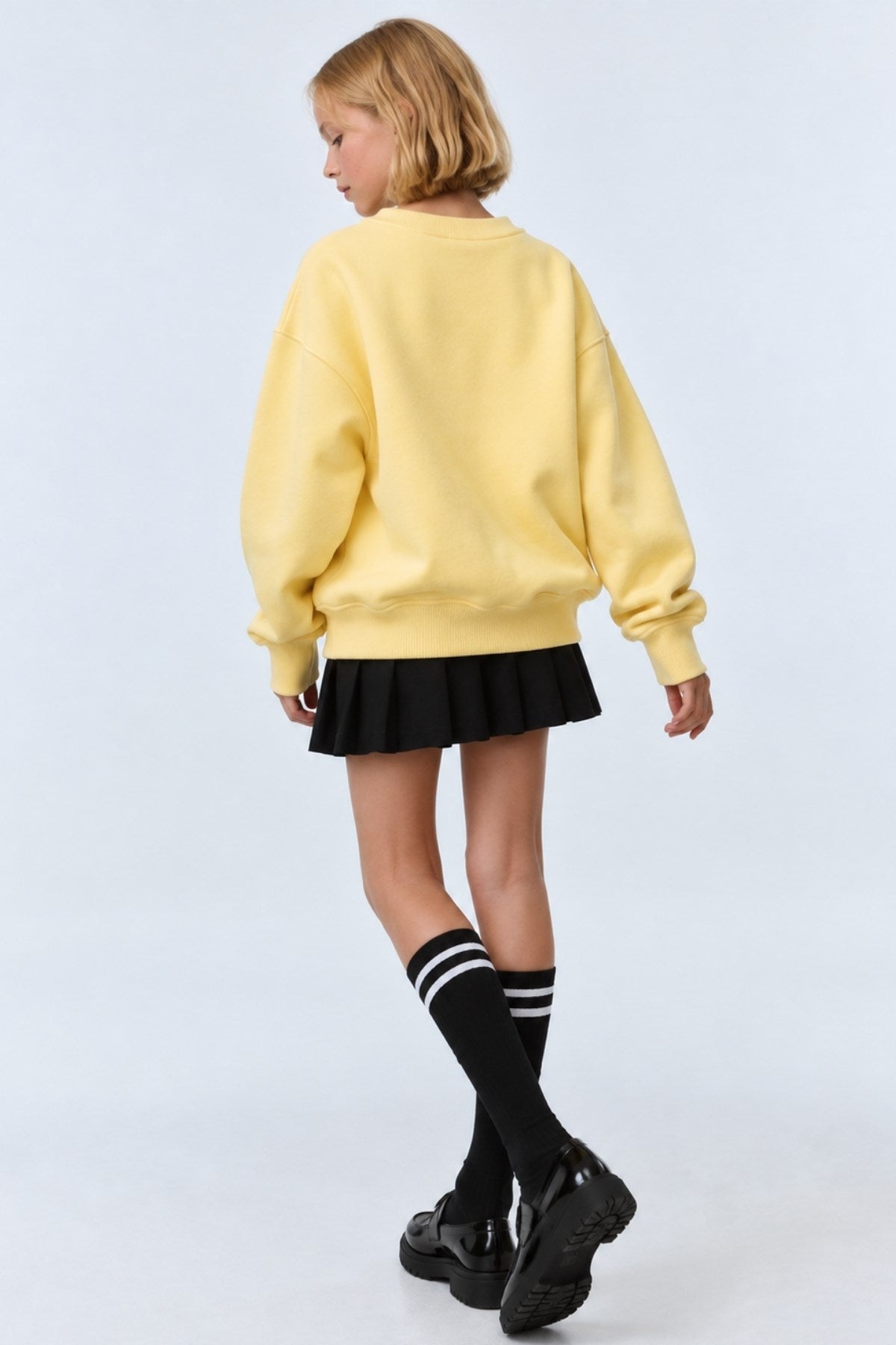 Kız Çocuk Oversize Sweatshirt Basic Sarı – Bisiklet yaka, 3 iplik şardonlu polar