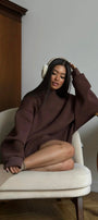 Kadın Oversize Sweatshirt Elbise Basic Kahverengi – Bisiklet Yaka, 3 İplik Şardonlu Polar