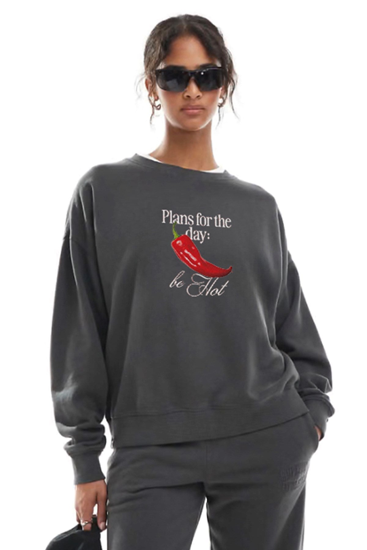 Kadın Oversize Sweatshirt Be Hot Baskılı Füme – Bisiklet Yaka, 3 İplik Şardonlu Polar