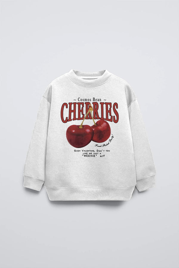 Beyaz Çocuk Cherries Baskılı Bisiklet Yaka Basic Sweatshirt