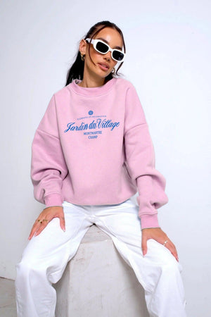 Pembe Bisiklet Yaka İçi Polar Jardin Du Village Yazı Baskılı Oversize Sweatshirt