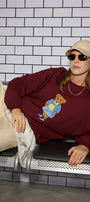 Kadın Oversize Sweatshirt Preppy Girl Bear Baskılı Bordo – Bisiklet Yaka, 3 İplik Şardonlu Polar