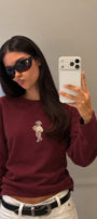 Kadın Relaxed Fit Sweatshirt Coffee Bear Baskılı Bordo – Bisiklet Yaka, 3 İplik Şardonsuz, Geniş Kol