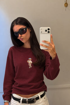 Kadın Relaxed Fit Sweatshirt Coffee Bear Baskılı Bordo – Bisiklet Yaka, 3 İplik Şardonsuz, Geniş Kol
