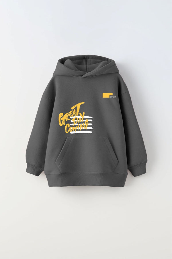 Kapüşonlu İçi Polar Great Day Coming Yazı Baskılı Füme Unisex Çocuk Hoodie Sweatshirt