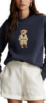 Kadın Oversize Sweatshirt Trench Bear Baskılı Lacivert – Bisiklet Yaka, 3 İplik Şardonlu