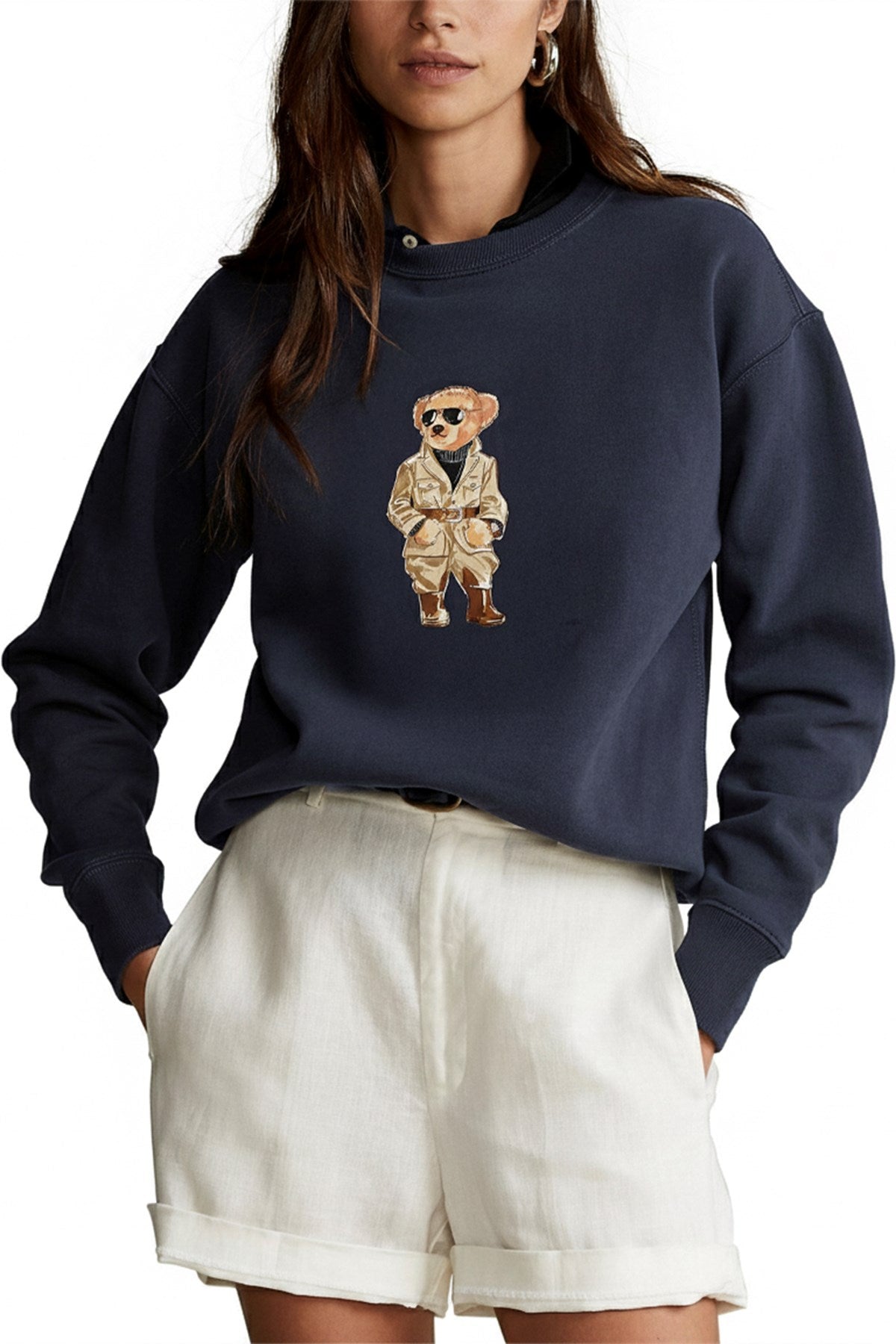 Kadın Oversize Sweatshirt Trench Bear Baskılı Lacivert – Bisiklet Yaka, 3 İplik Şardonlu