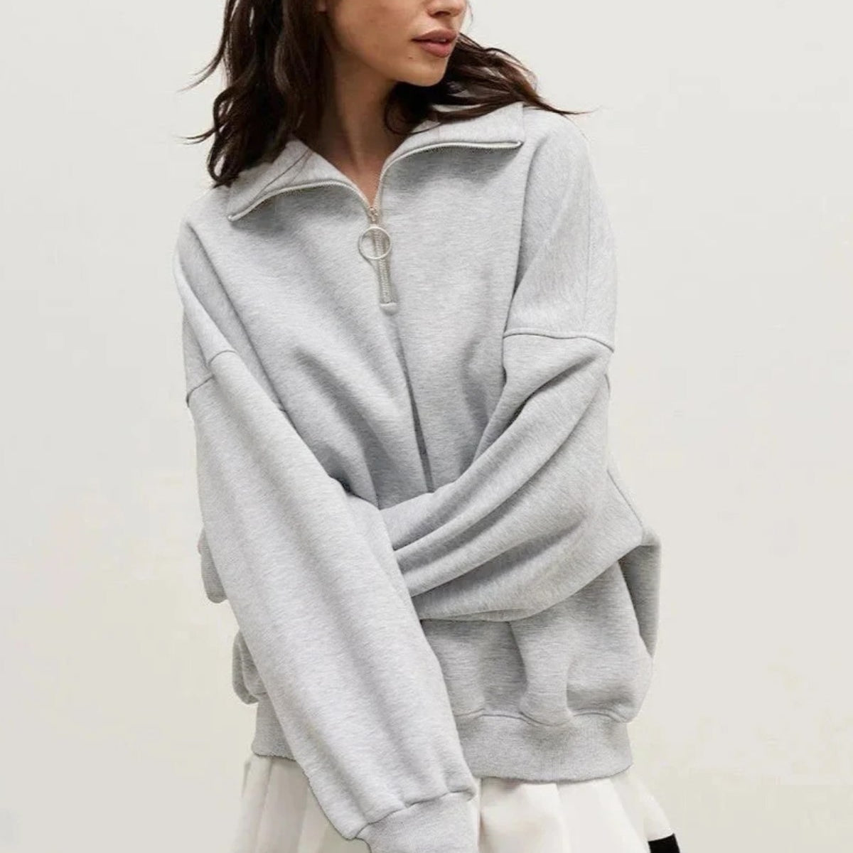 Kadın Gri Yarım Fermuarlı Ceket Sweatshirt 3 İplik Şardonlu Oversize Kesim