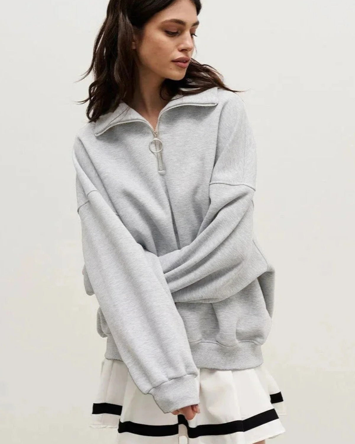 Kadın Gri Yarım Fermuarlı Ceket Sweatshirt 3 İplik Şardonlu Oversize Kesim