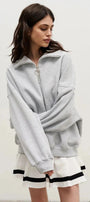 Kadın Gri Yarım Fermuarlı Ceket Sweatshirt 3 İplik Şardonlu Oversize Kesim