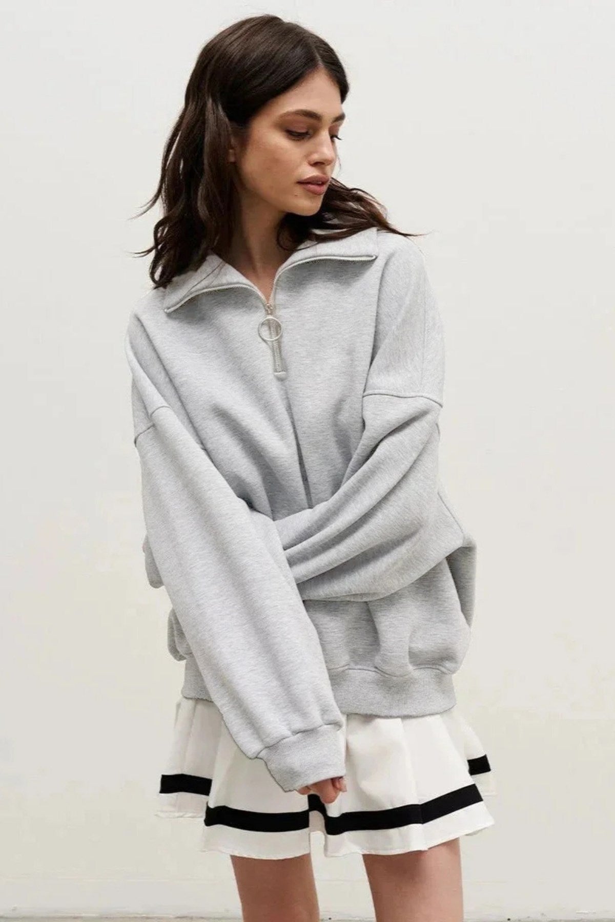 Kadın Gri Yarım Fermuarlı Ceket Sweatshirt 3 İplik Şardonlu Oversize Kesim