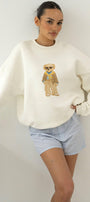 Kadın Oversize Sweatshirt Gentleman Bear Baskılı Beyaz – Bisiklet Yaka, 3 İplik Şardonlu