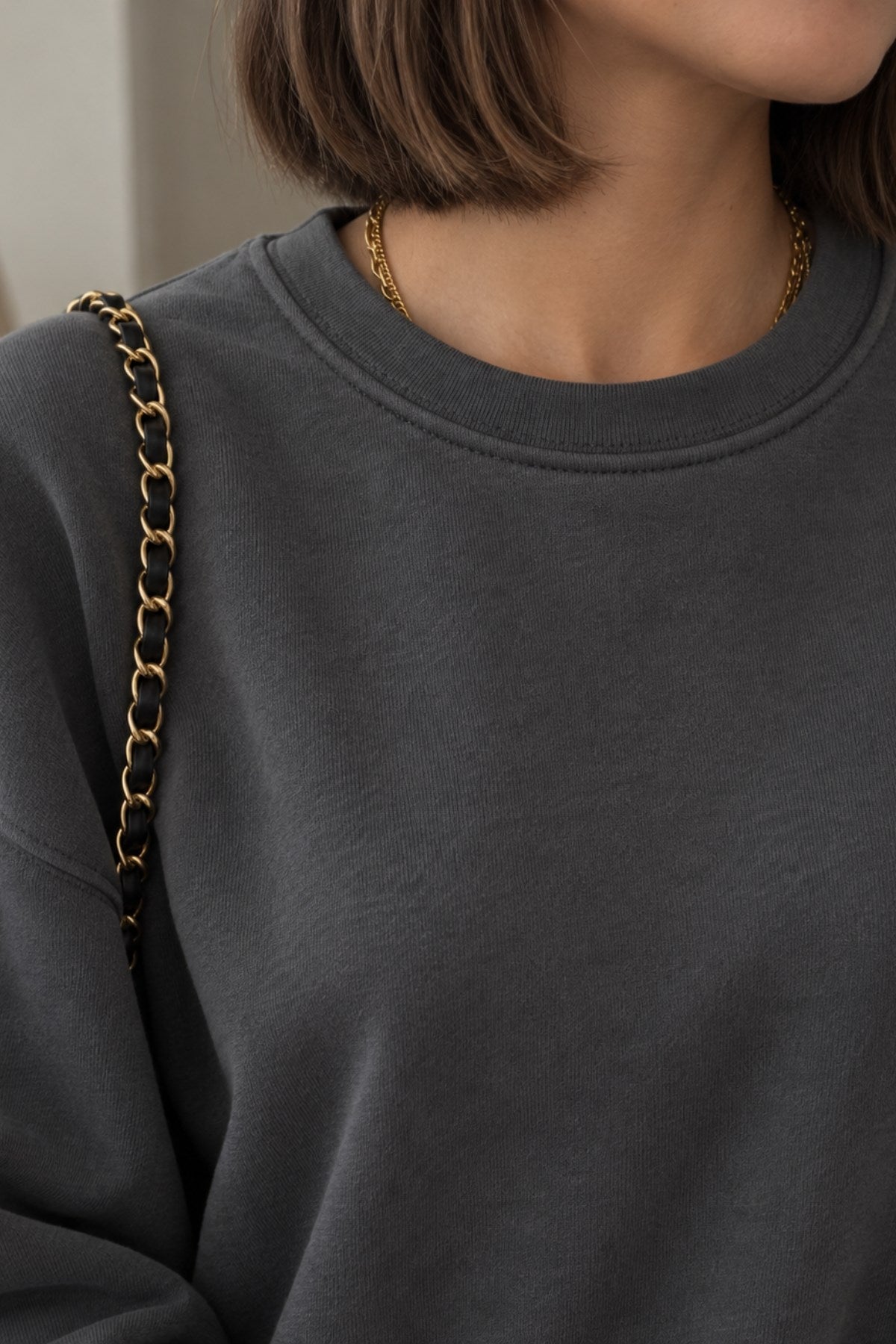 Kadın Relaxed Fit Sweatshirt Basic Füme – Bisiklet Yaka, 3 İplik Şardonsuz, Düşük Omuz, Geniş Kol