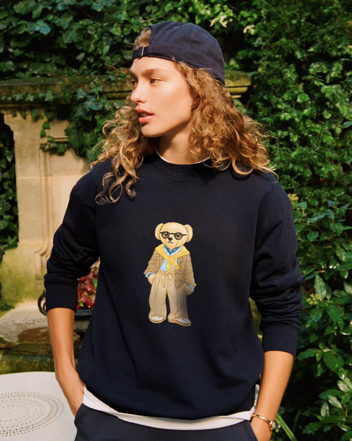 Kadın Oversize Sweatshirt Gentleman Bear Baskılı Lacivert – Bisiklet Yaka, 3 İplik Şardonlu