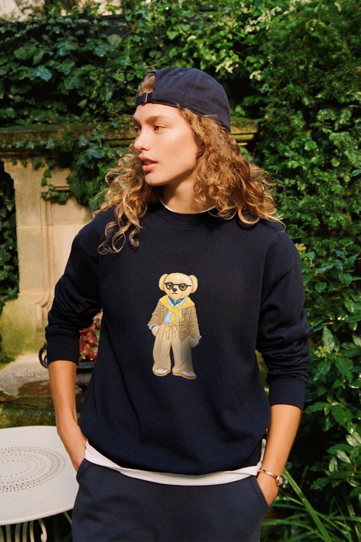 Kadın Oversize Sweatshirt Gentleman Bear Baskılı Lacivert – Bisiklet Yaka, 3 İplik Şardonlu