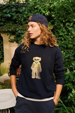 Kadın Oversize Sweatshirt Gentleman Bear Baskılı Lacivert – Bisiklet Yaka, 3 İplik Şardonlu