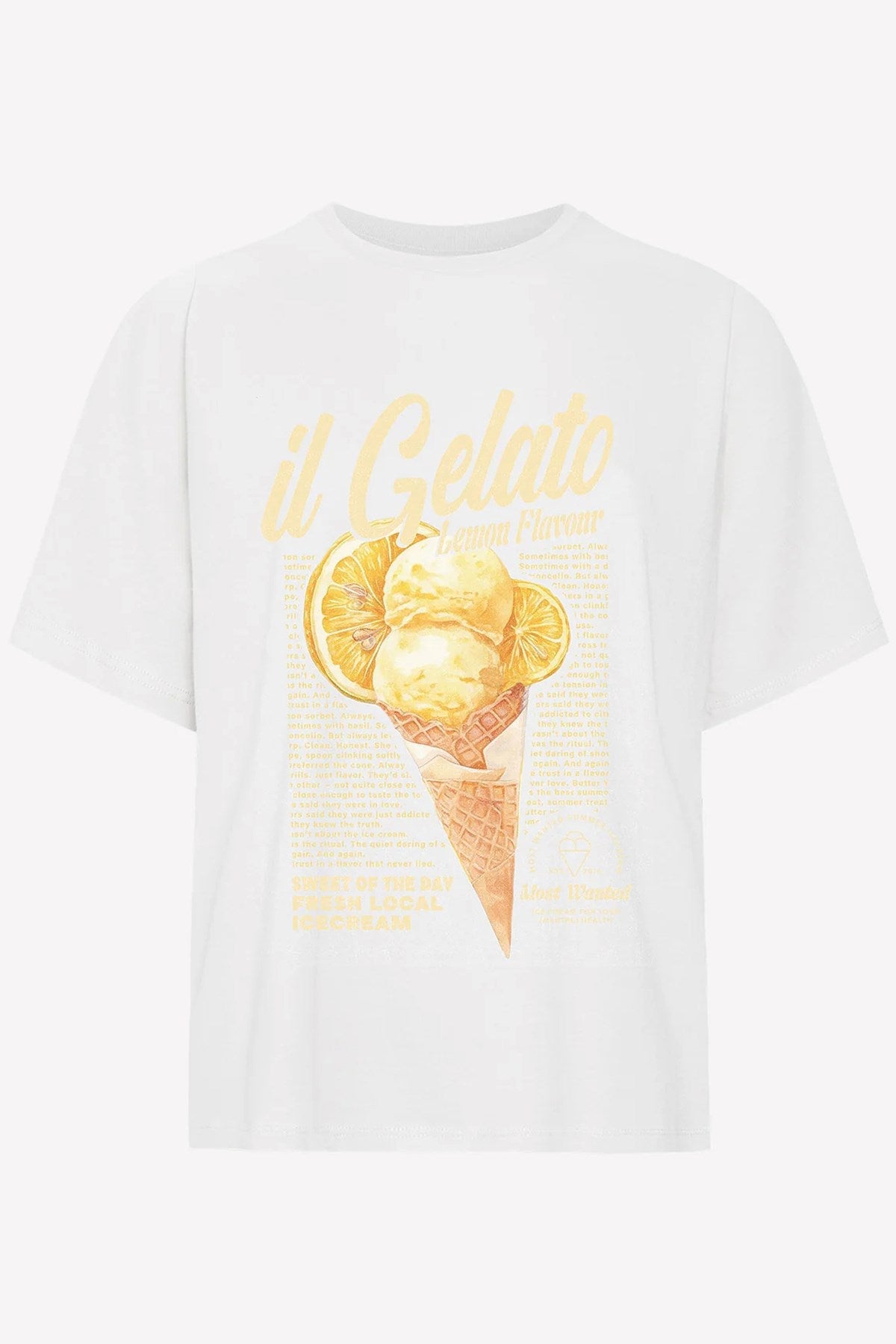 Kadın Oversize Tişört Gelato Lemon Baskılı Beyaz – Bisiklet Yaka, %100 Pamuk Compact Süprem 24/1