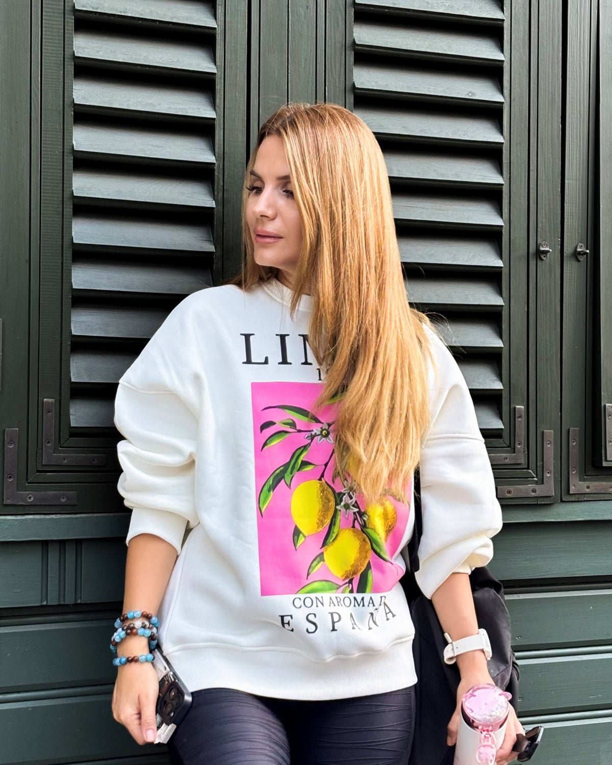 Oversize Kadın Sweatshirt Espana Limon Baskılı Beyaz – Bisiklet Yaka, 3 İplik Polar, Rahat Kalıp