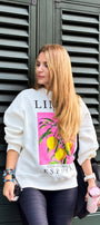 Oversize Kadın Sweatshirt Espana Limon Baskılı Beyaz – Bisiklet Yaka, 3 İplik Polar, Rahat Kalıp