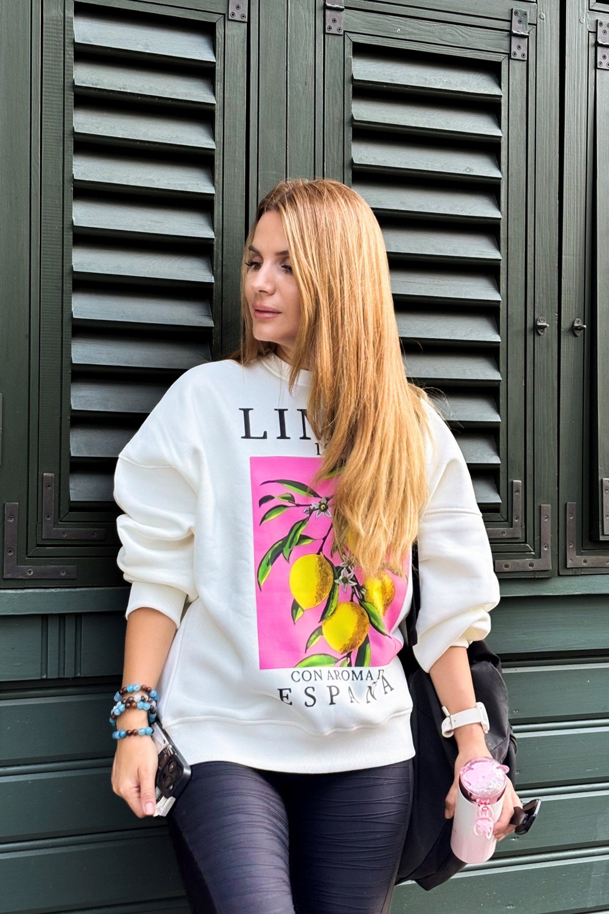 Oversize Kadın Sweatshirt Espana Limon Baskılı Beyaz – Bisiklet Yaka, 3 İplik Polar, Rahat Kalıp