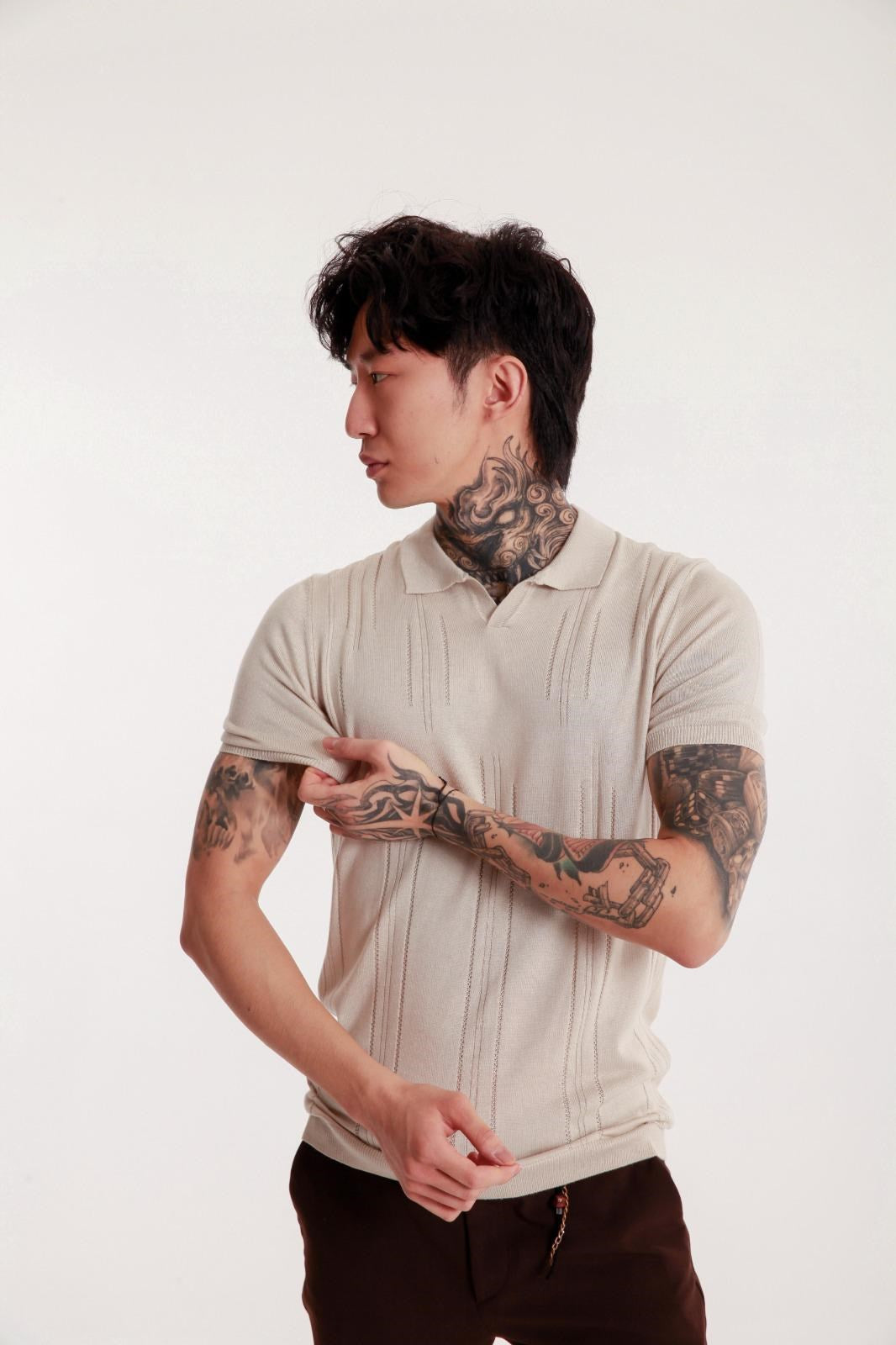 Erkek Bej Polo Yaka Triko Tişört – Kısa Kollu, Yazlık Modern Slim Fit Örgü Model
