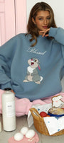Kadın Oversize Sweat Elbise Blessed Bunny Baskılı Marine – Bisiklet Yaka, 3 İplik Şardonlu Polar