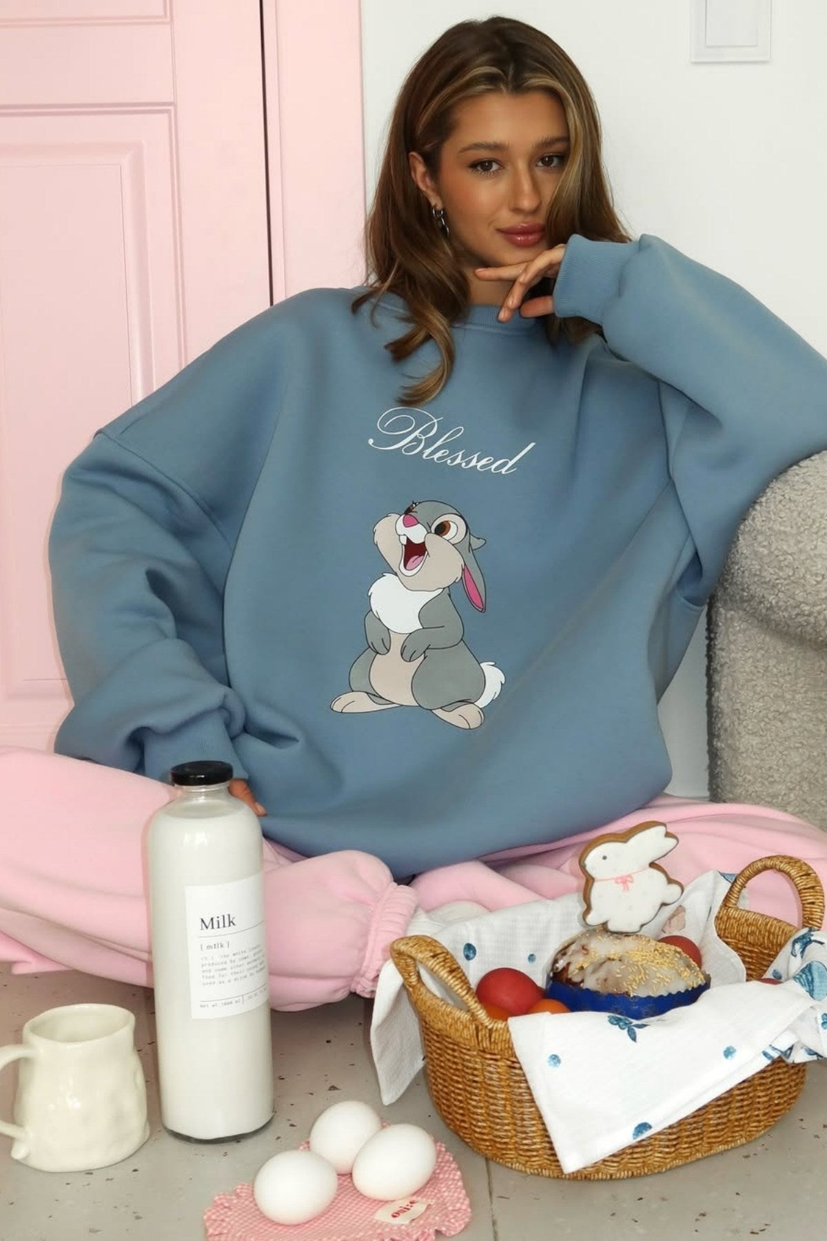 Kadın Oversize Sweat Elbise Blessed Bunny Baskılı Marine – Bisiklet Yaka, 3 İplik Şardonlu Polar