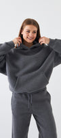 Oversize Unisex Sweatshirt Hoodie Füme Melanj – Kapüşonlu, 3 İplik Şardonlu Polar, Kanguru Cepli, Basic