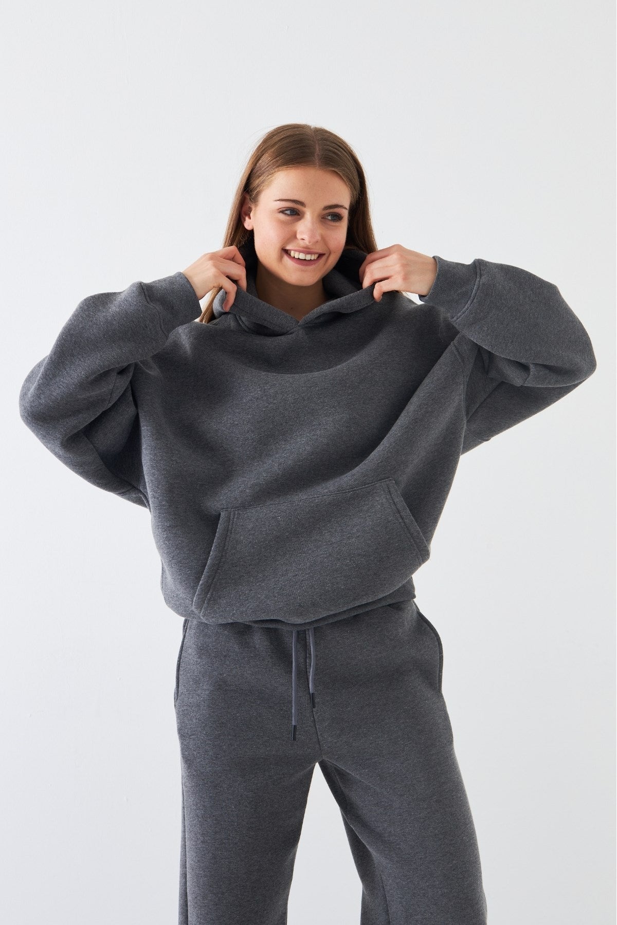 Oversize Unisex Sweatshirt Hoodie Füme Melanj – Kapüşonlu, 3 İplik Şardonlu Polar, Kanguru Cepli, Basic