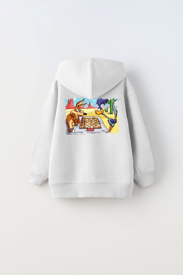 Kapüşonlu İçi Polar Satranç Cartoon Baskılı Beyaz Unisex Çocuk Hoodie Sweatshirt