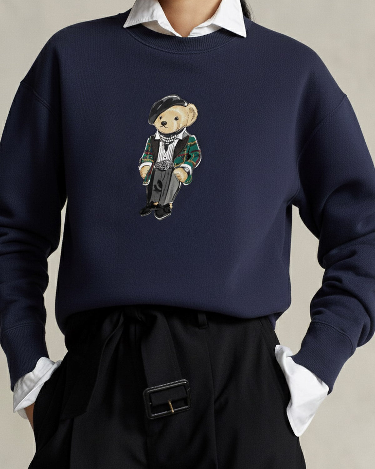 Kadın Oversize Sweatshirt Parisian Bear Baskılı Lacivert – Bisiklet Yaka, 3 İplik Şardonlu 