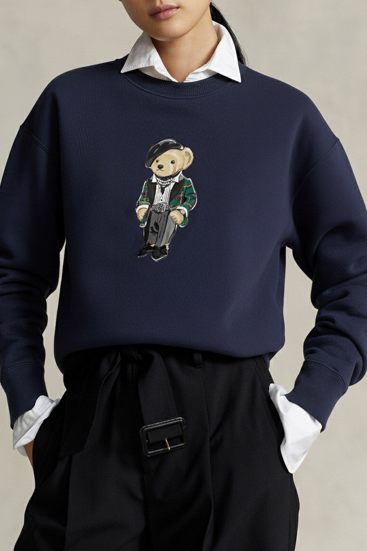 Kadın Oversize Sweatshirt Parisian Bear Baskılı Lacivert – Bisiklet Yaka, 3 İplik Şardonlu 