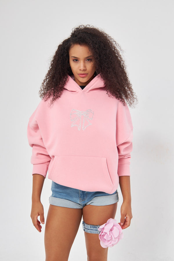 Fiyonk Desen Taş Baskılı Kapüşonlu İçi Polar Oversize Pembe Sweatshirt