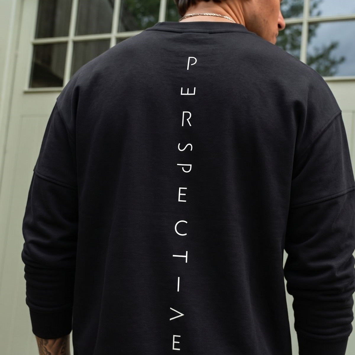 Erkek Oversize Sweatshirt Perspectiv Baskılı Siyah – Bisiklet Yaka, 3 İplik Şardonlu Polar