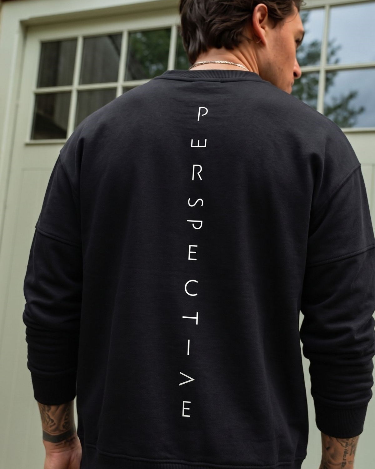 Erkek Oversize Sweatshirt Perspectiv Baskılı Siyah – Bisiklet Yaka, 3 İplik Şardonlu Polar