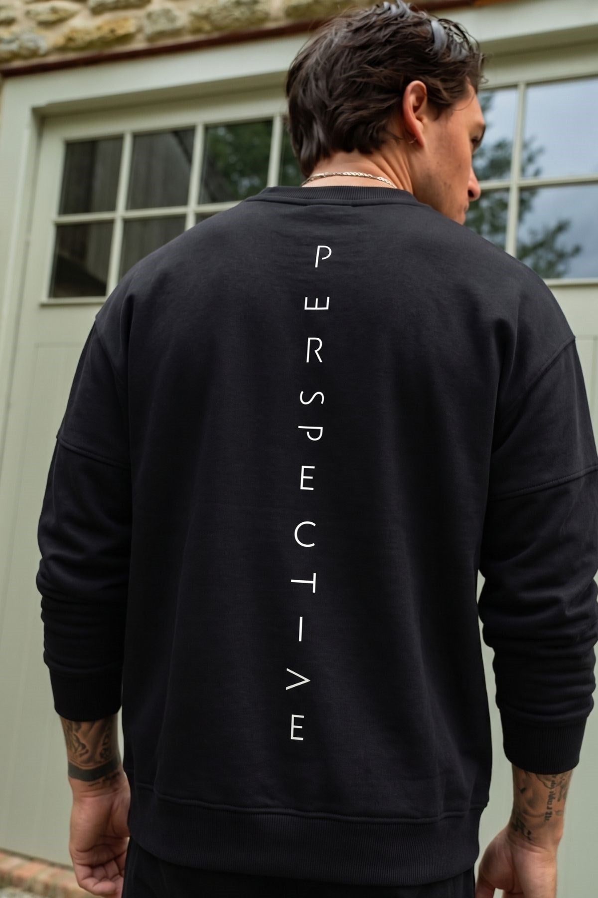 Erkek Oversize Sweatshirt Perspectiv Baskılı Siyah – Bisiklet Yaka, 3 İplik Şardonlu Polar
