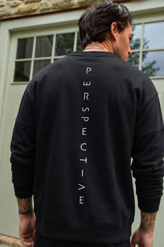 Erkek Oversize Sweatshirt Perspectiv Baskılı Siyah – Bisiklet Yaka, 3 İplik Şardonlu Polar