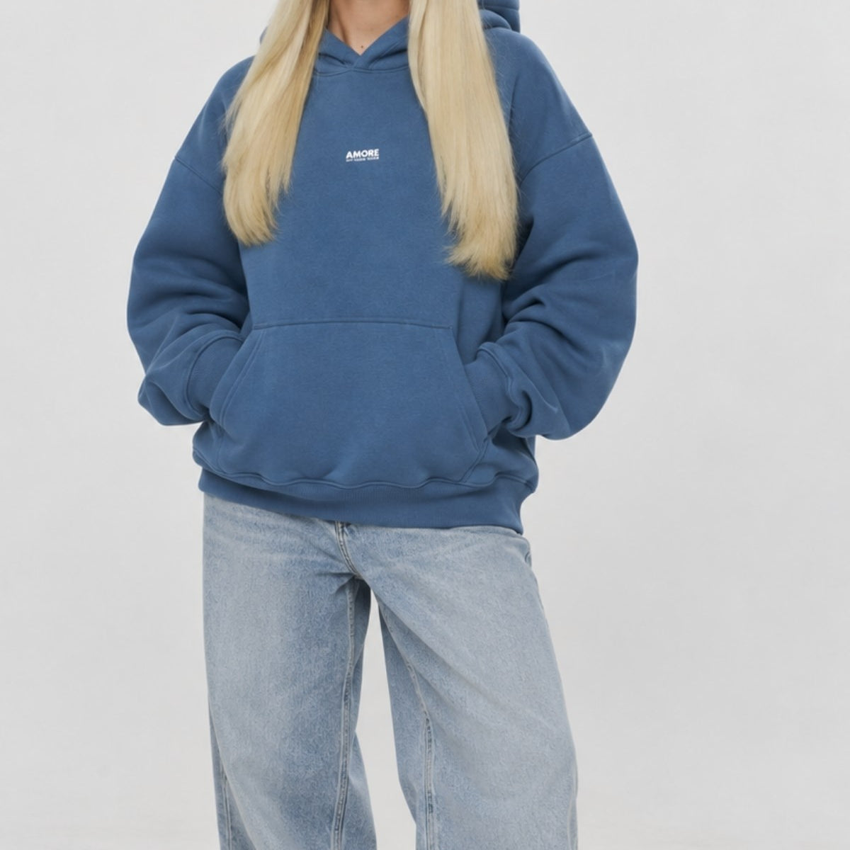 Kadın Oversize Hoodie Amore Baskılı Marine – Kapüşonlu, Kanguru Cepli, 3 İplik Şardonlu Polar