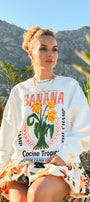 Kadın Oversize Sweatshirt Banana Tropical Baskılı Beyaz – Bisiklet Yaka, 3 İplik Şardonlu Polar