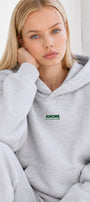 Kadın Oversize Hoodie Amore Baskılı Gri Melanj – Kapüşonlu, Kanguru Cepli, 3 İplik Şardonlu Polar
