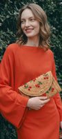 Kadın Hasır Portföy Çanta Cerise Atelier Kiraz İşlemeli Doğal El Çantası - El İşçiliği (Kombin Ürün)