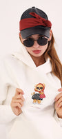 Beyaz Kapüşonlu Puantiyeli Ayıcık Baskılı Oversize Unisex Sweatshirt