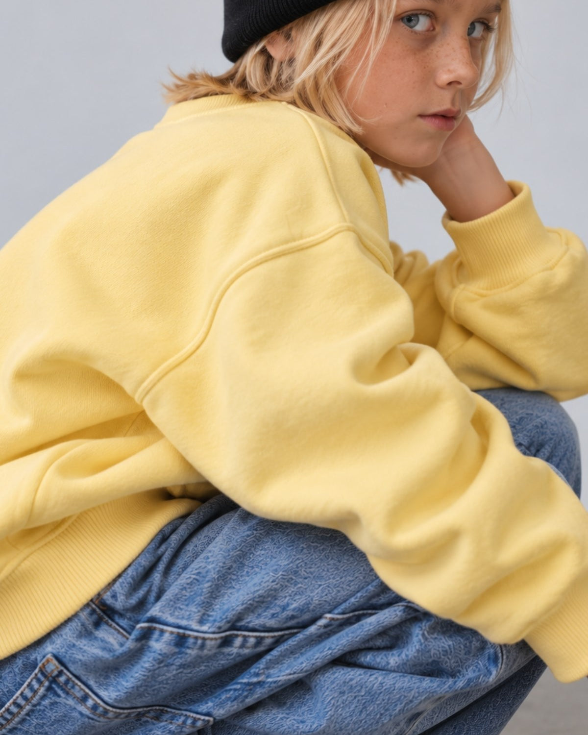 Erkek Çocuk Oversize Sweatshirt Basic Sarı – Bisiklet yaka, 3 iplik şardonlu polar