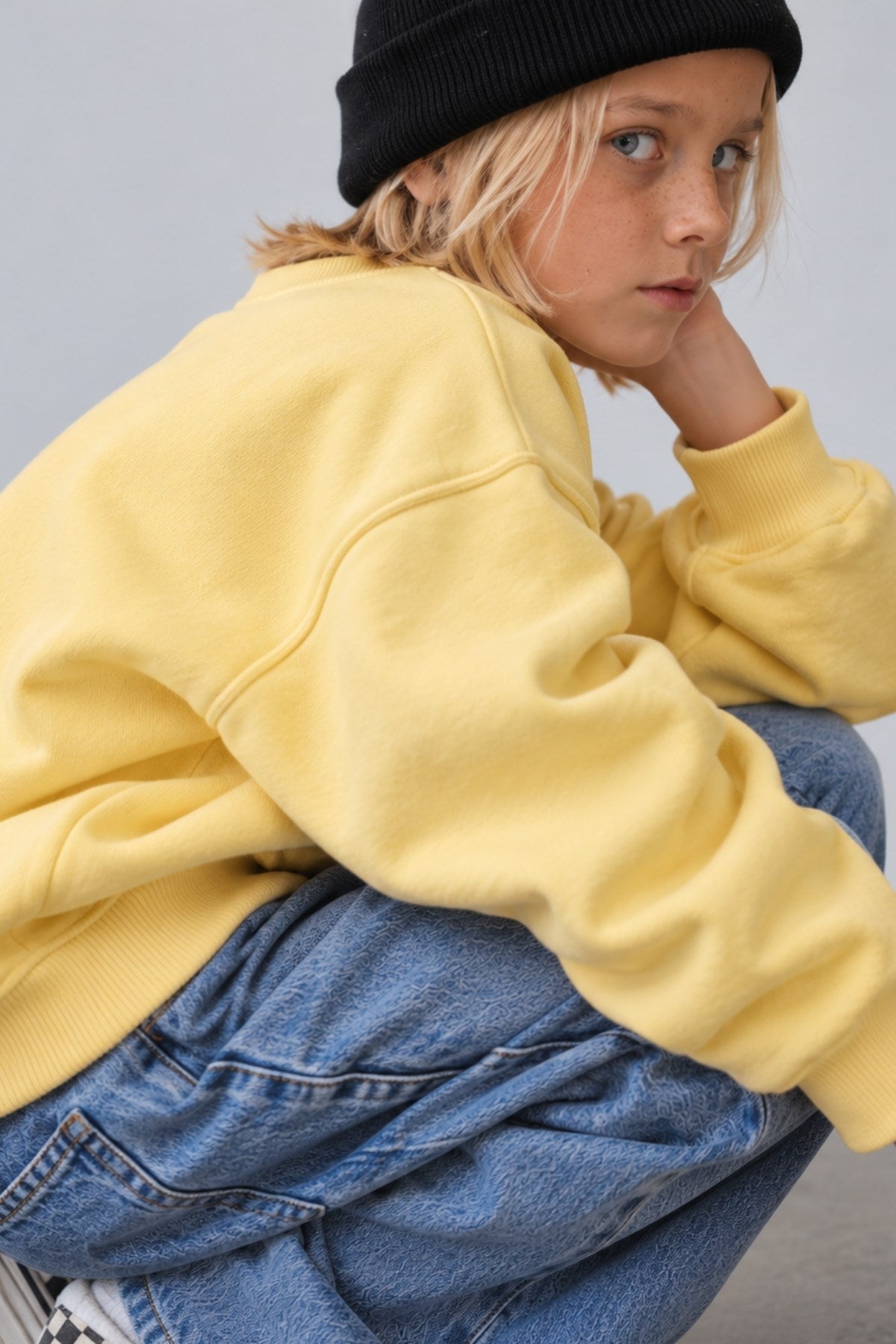 Erkek Çocuk Oversize Sweatshirt Basic Sarı – Bisiklet yaka, 3 iplik şardonlu polar